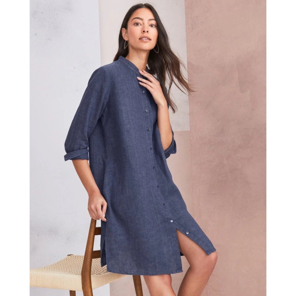 Eileen Fisher Navy Blue 100% Linen Snap Front Shirt Dress XS S3LLL-1